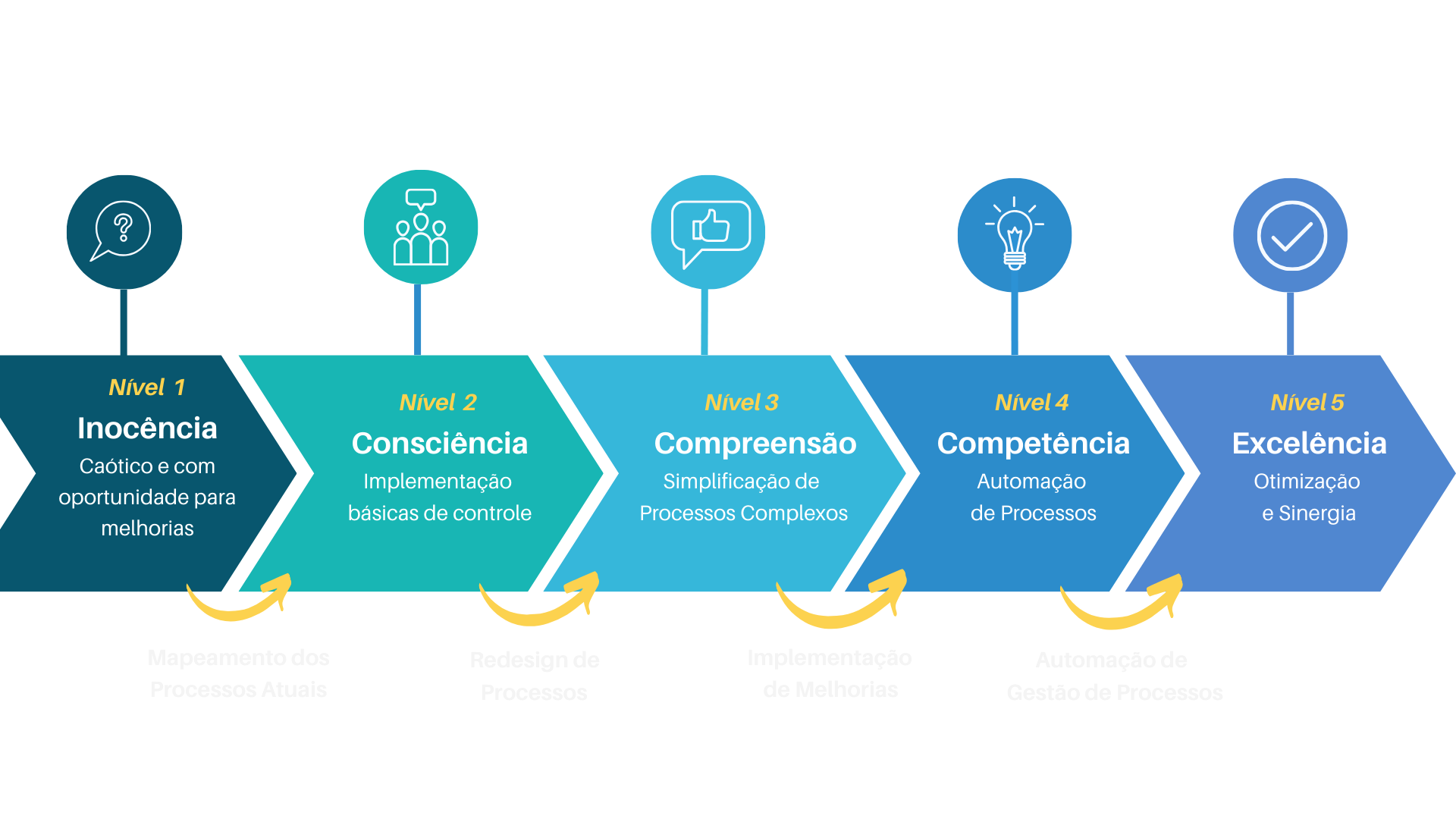 Cinco níveis de maturidade digital: inocência, consciência, compreensão, competência e excelência